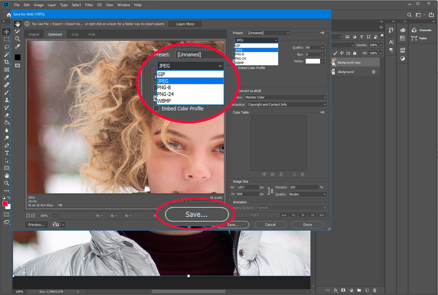 Adobe Photoshop. Lưu PSD cho web dưới dạng jpg..