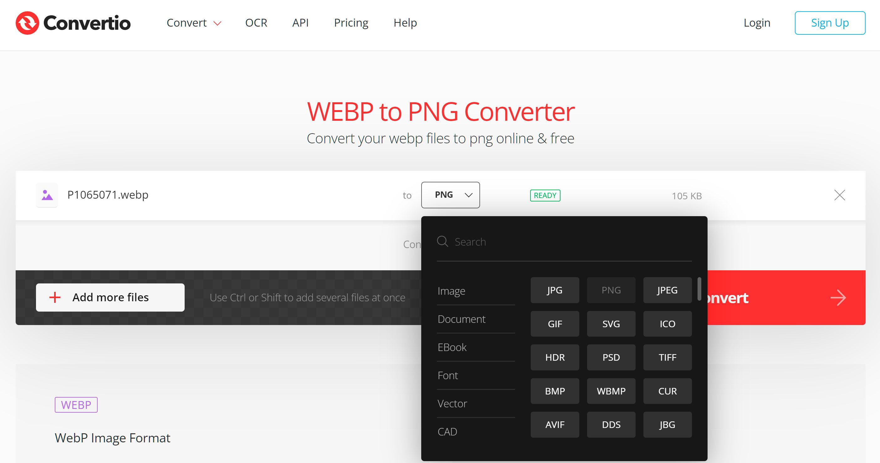 Chọn định dạng PNG để chuyển đổi từ WebP Trực tuyến..