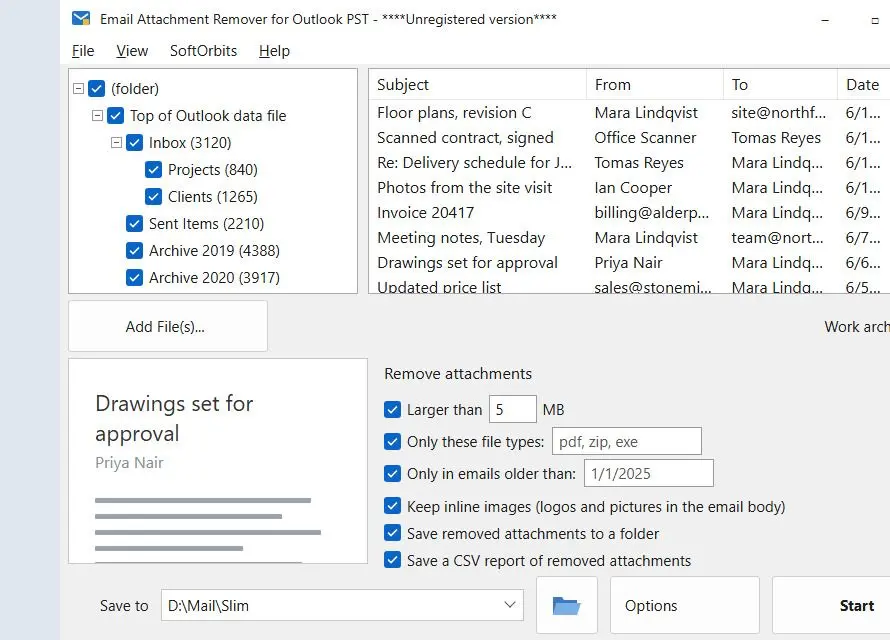 Email Attachment Remover for Outlook PST Ảnh chụp màn hình.
