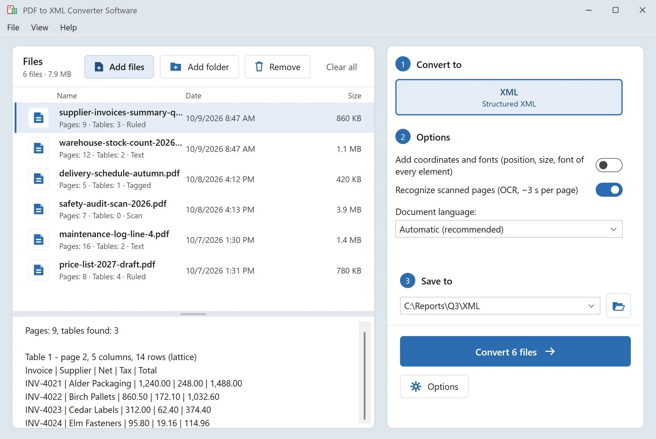 PDF to XML Converter Software Ảnh chụp màn hình.