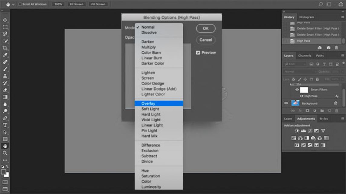 Gỡ bỏ mờ trong photoshop sử dụng hiệu ứng overlay.