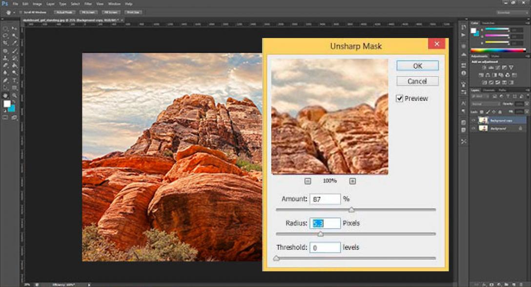 Gỡ bỏ mờ trong photoshop sử dụng công cụ unsharp mask.